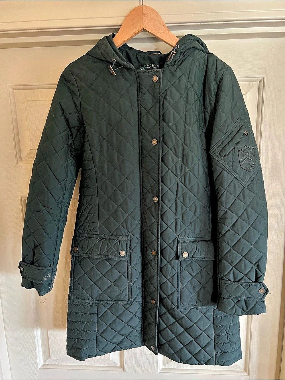 Lauren Ralph Lauren Quilted Hooded Parka Jacket Hunter Green Crest Patch Size XS